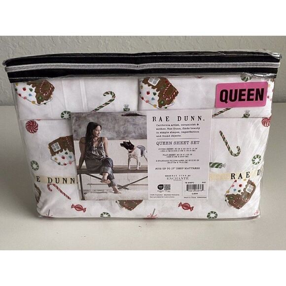 Rae Dunn By Enchante Gingerbread House Candy Cane Christmas Queen Sheet Set NEW - Picture 8 of 12